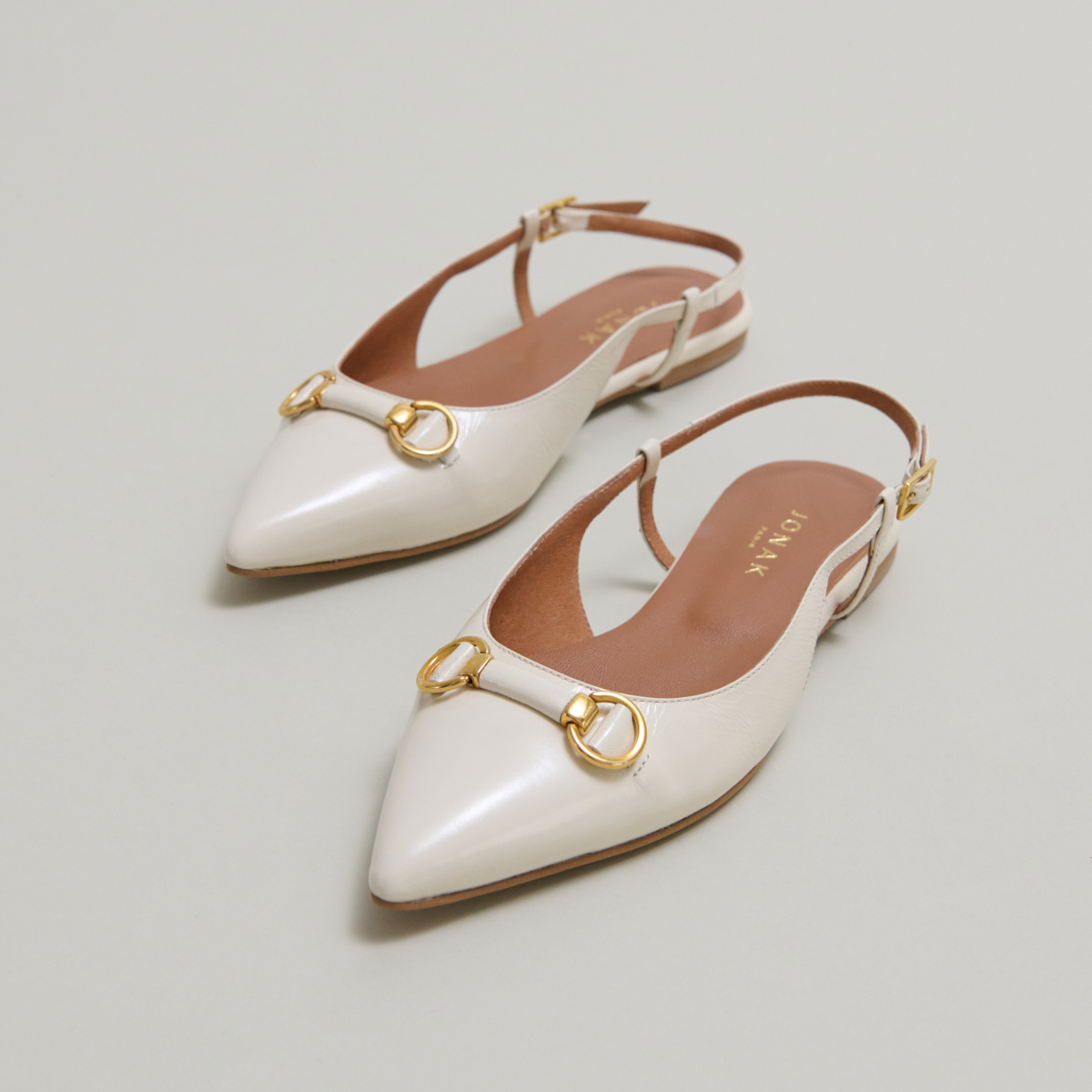 Pointed-toe slingback ballet flats with gold bits in ecru shiny leather | DEDICACE