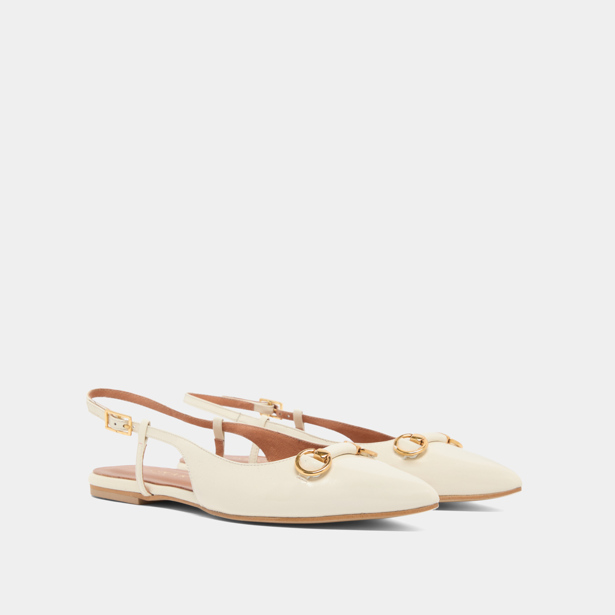 Pointed-toe slingback ballet flats with gold bits in ecru shiny leather | DEDICACE
