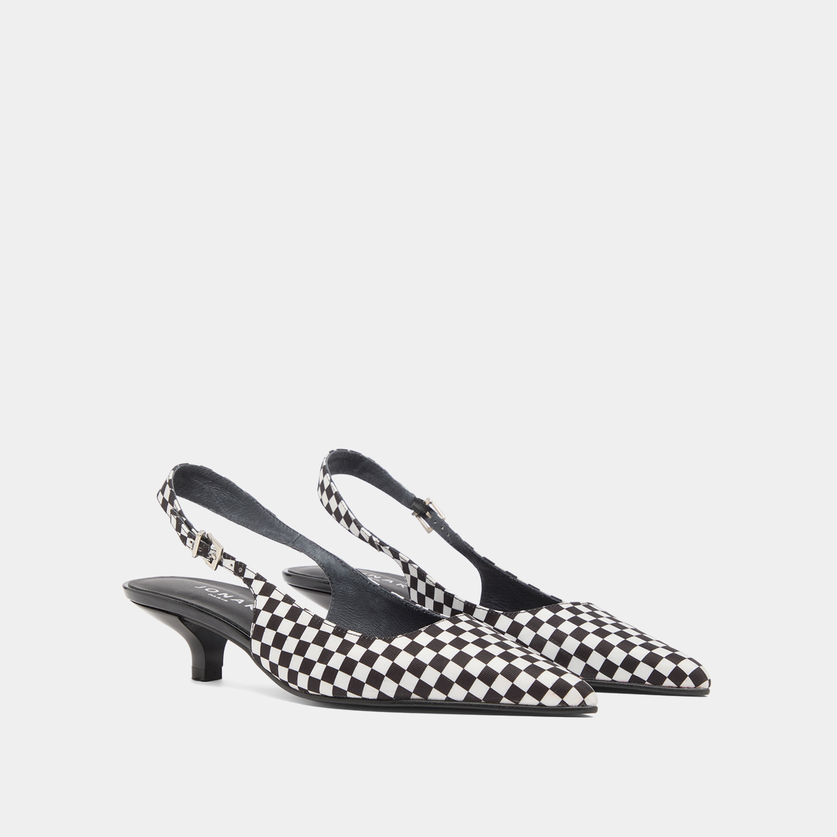 Heeled pumps with adjustable buckles in black and white textile | DOUALA