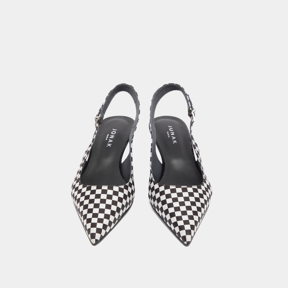 Heeled pumps with adjustable buckles in black and white textile | DOUALA