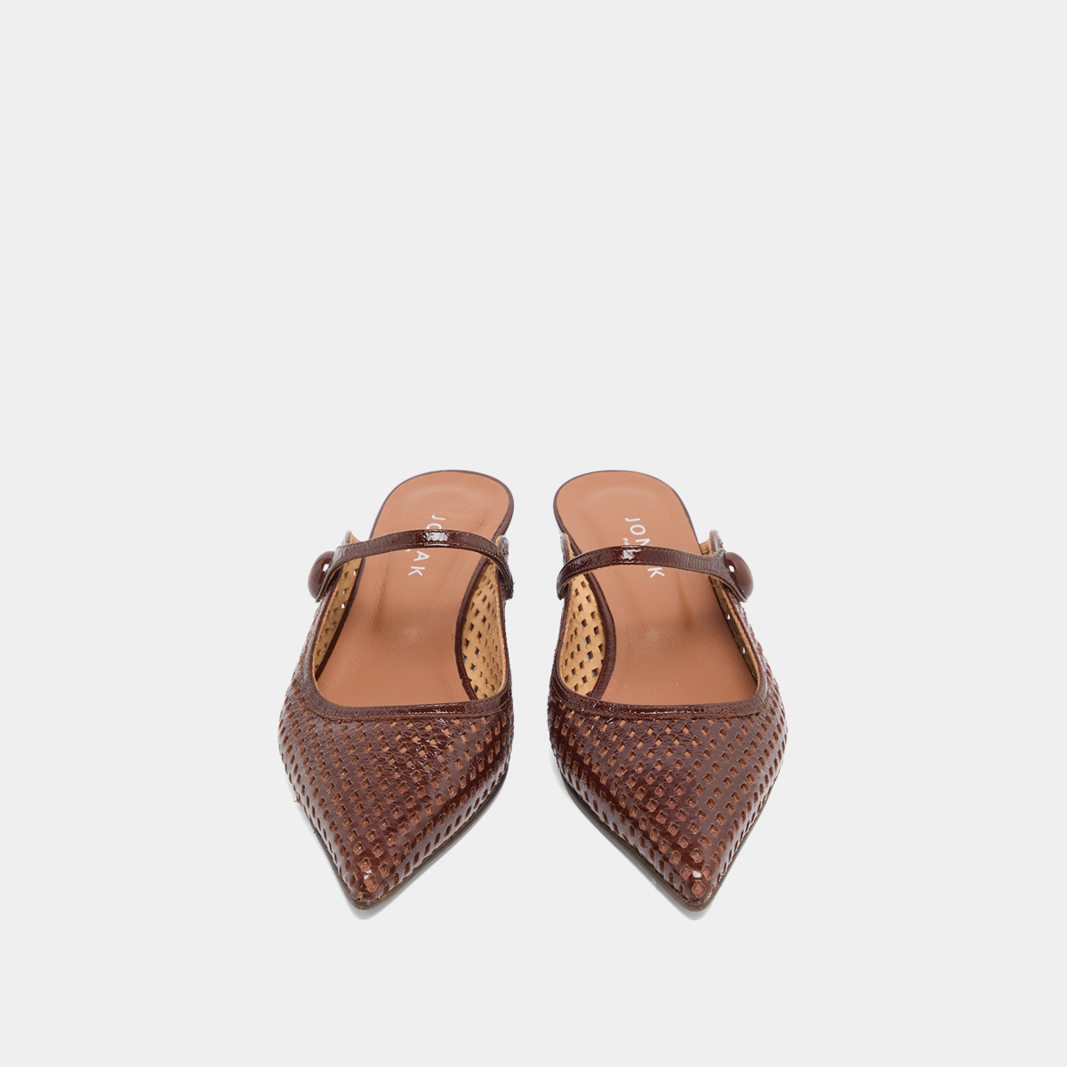 Pointed toe wedge mules in brown shiny leather | DECADE