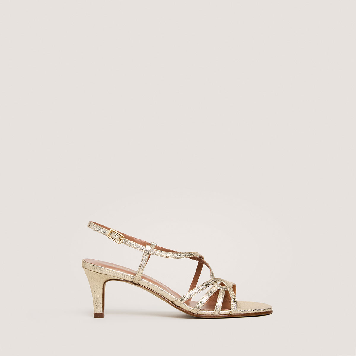 Heeled sandals in platinum metallic textile | DISTRAITE