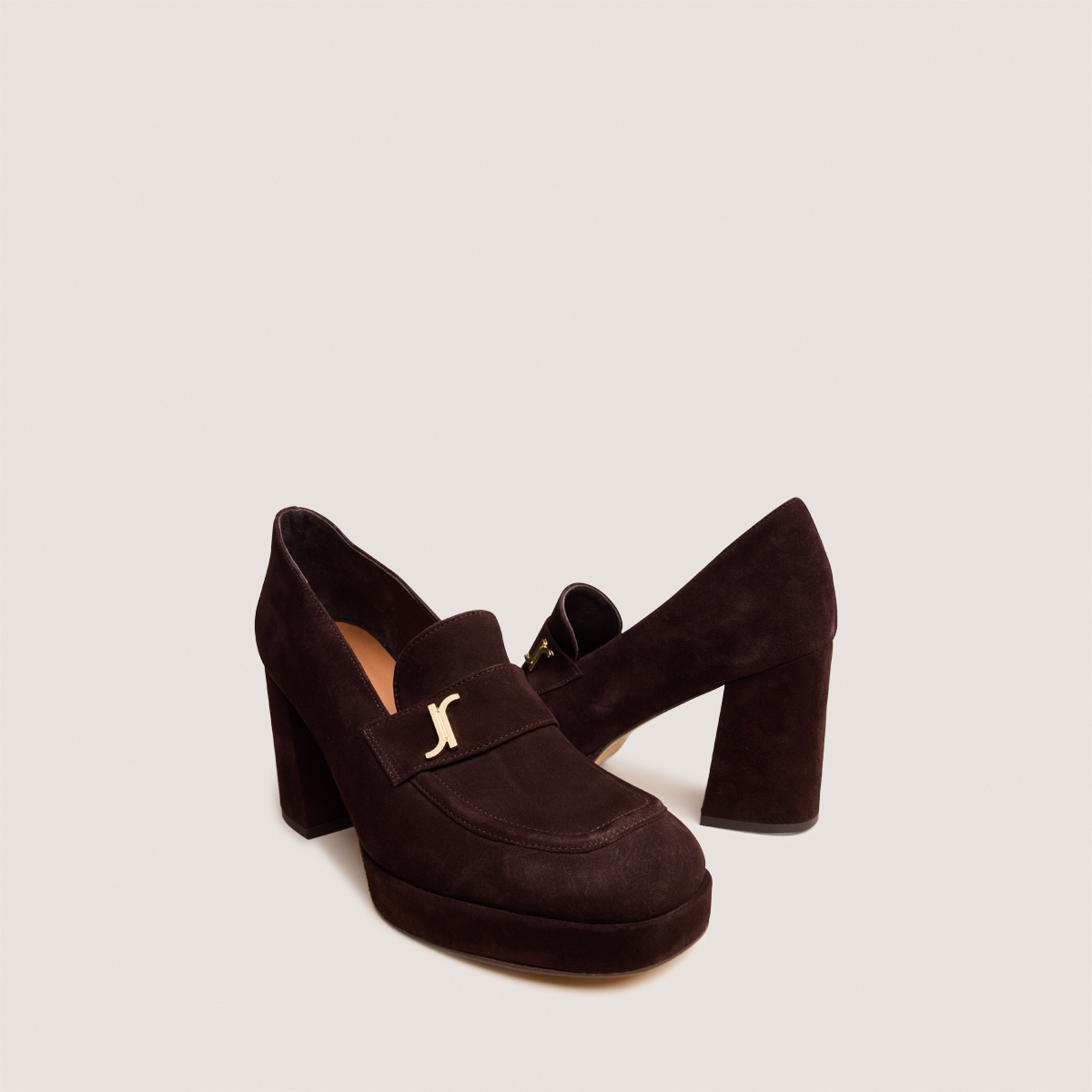Heeled Loafers with Monogram in dark brown velvet | VIOLON