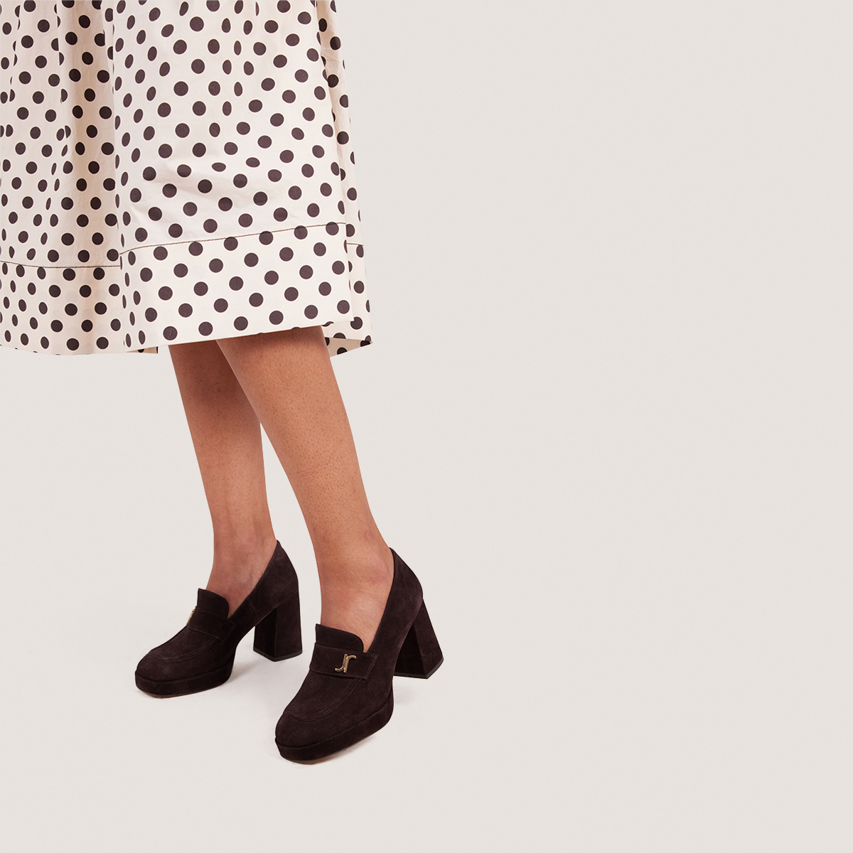 Heeled Loafers with Monogram in dark brown velvet | VIOLON