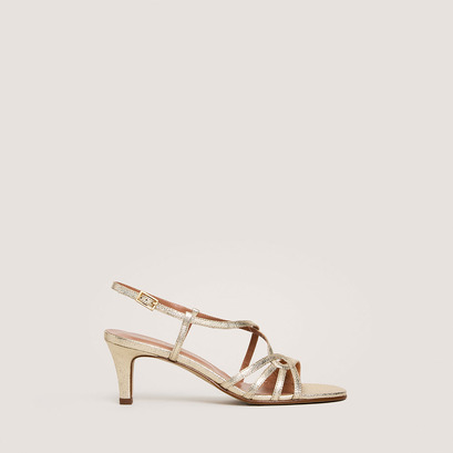 Heeled sandals in platinum metallic textile | distraite