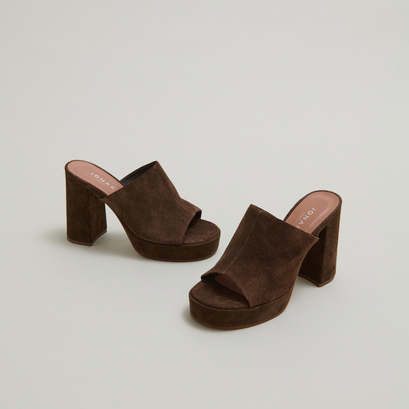 Heeled mules with platforms in brown suede | delle