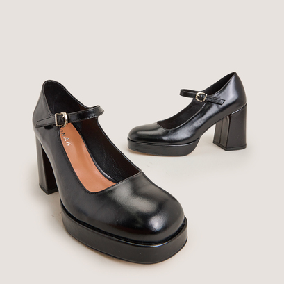 Platform mary jane with rounded toe in black leather | veritox