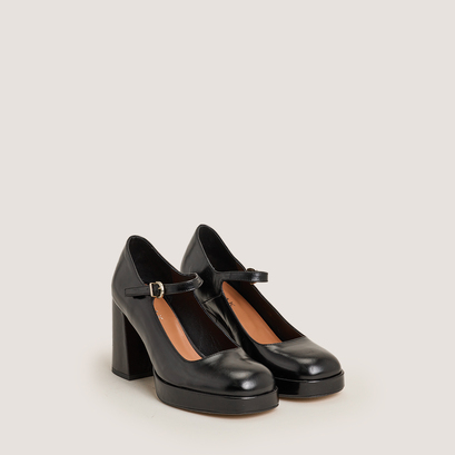 Platform mary jane with rounded toe in black leather | veritox