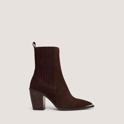 Gathered ankle boots with heel in chocolate brown suede | basama
