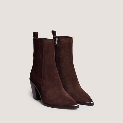 Gathered ankle boots with heel in chocolate brown suede | basama