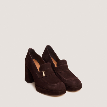 Heeled loafers with monogram in dark brown velvet | violon
