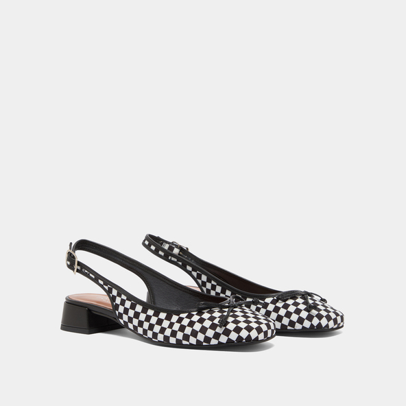 Heeled slingback ballet flats in black and white textile | damius