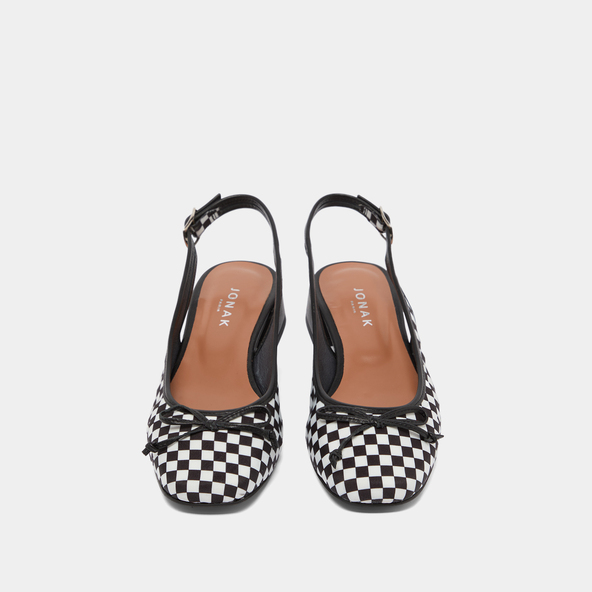 Heeled slingback ballet flats in black and white textile | damius
