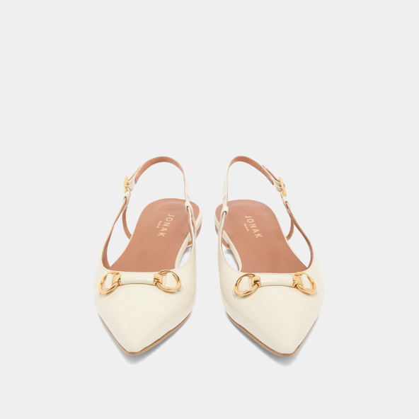 Pointed-toe slingback ballet flats with gold bits in ecru shiny leather | DEDICACE