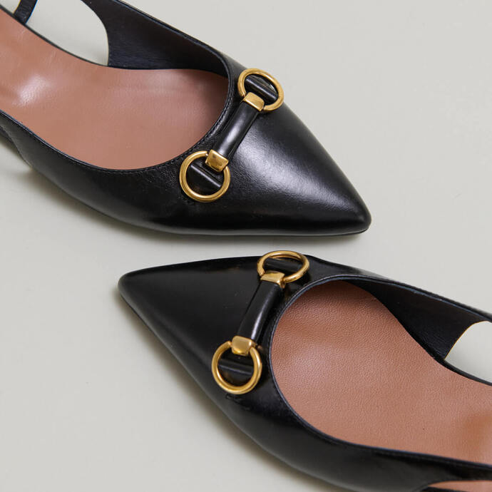 Pointed-toe slingback ballet flats with gold bits in black leather | dedicace