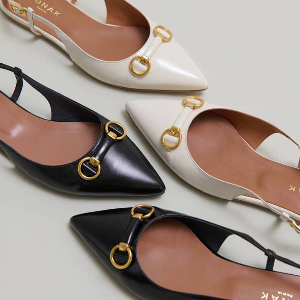Pointed-toe slingback ballet flats with gold bits in black leather | dedicace