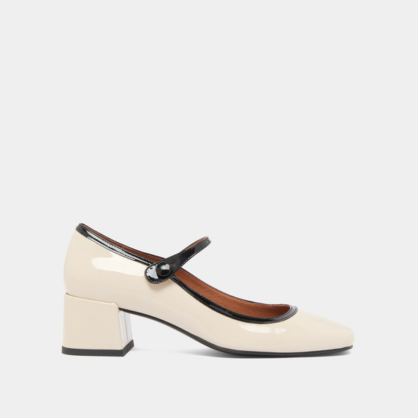 Mary Jane with heels and square toes in ecru and black varnish | DONZAI