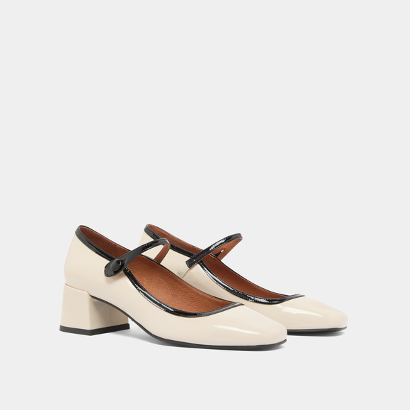 Mary Jane with heels and square toes in ecru and black varnish | DONZAI