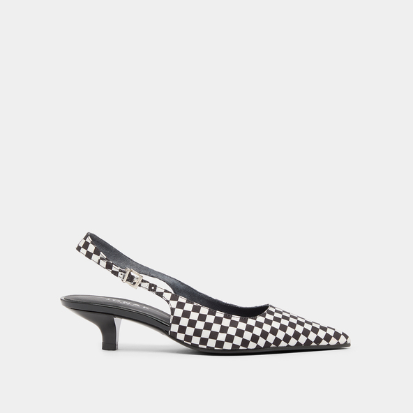 Heeled pumps with adjustable buckles in black and white textile | DOUALA