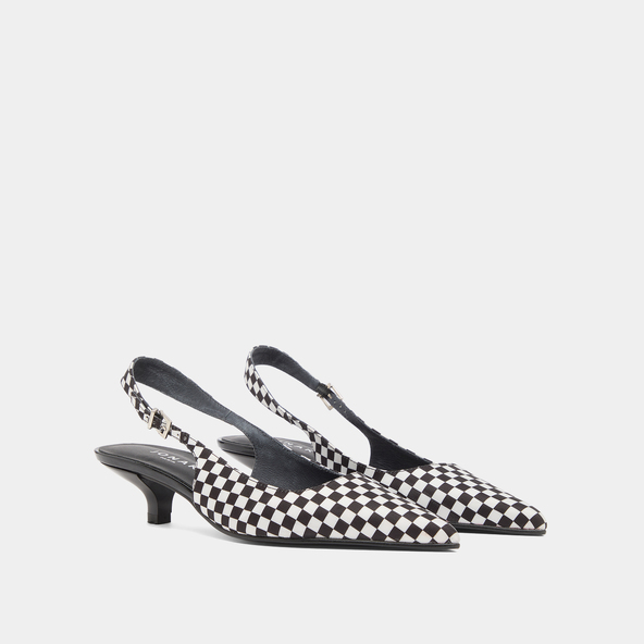 Heeled pumps with adjustable buckles in black and white textile | DOUALA
