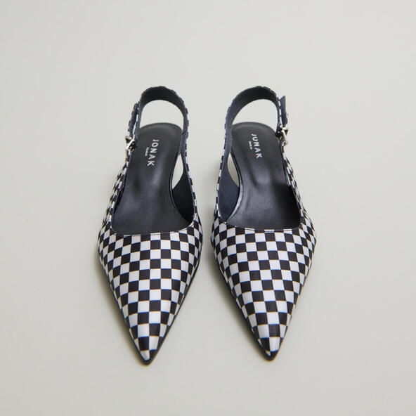 Heeled pumps with adjustable buckles in black and white textile | DOUALA