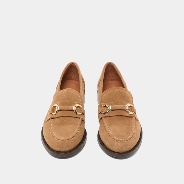 Loafers with gold bits in dark beige suede | DROP