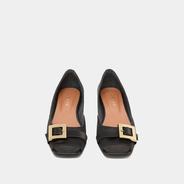 Open-toe ballet flats in black satin | DURANCE