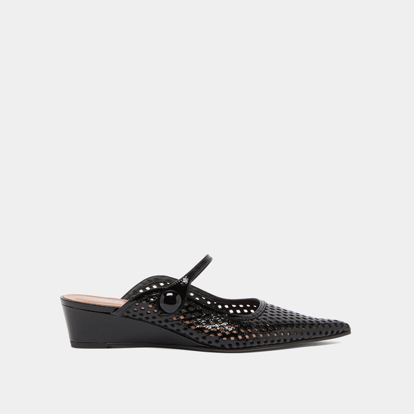 Pointed-toe wedge mules in black shiny leather | DECADE