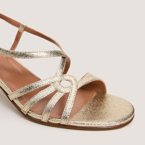 Heeled sandals in platinum metallic textile | DISTRAITE