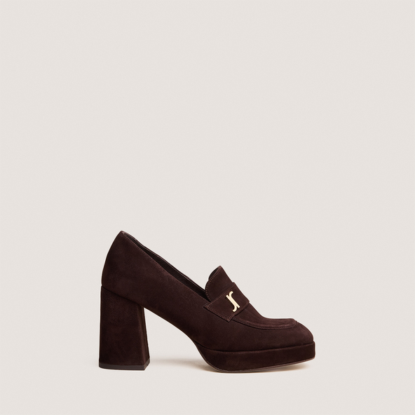 Heeled Loafers with Monogram in dark brown velvet | VIOLON