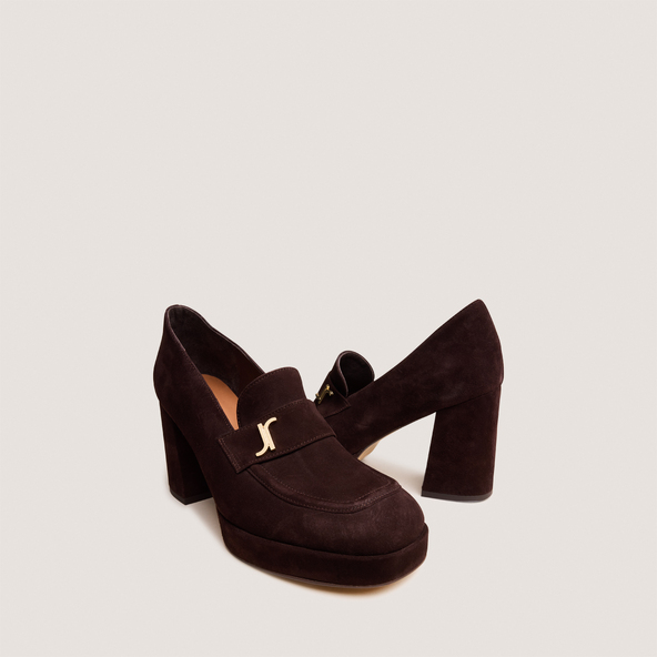 Heeled Loafers with Monogram in dark brown velvet | VIOLON