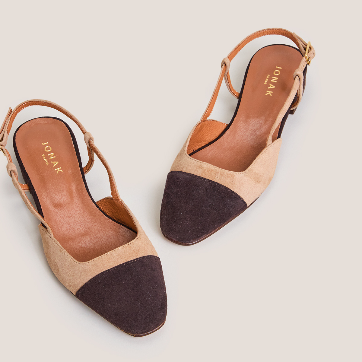 Slingback Ballet Flats in dark brown and camel velvet | DHAPOU
