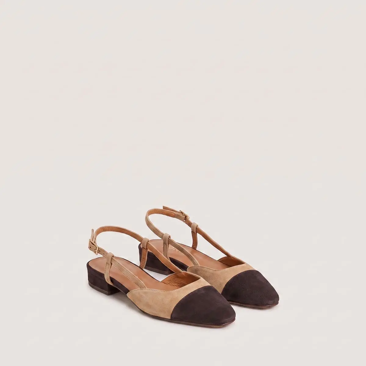 Slingback Ballet Flats in dark brown and camel velvet | DHAPOU