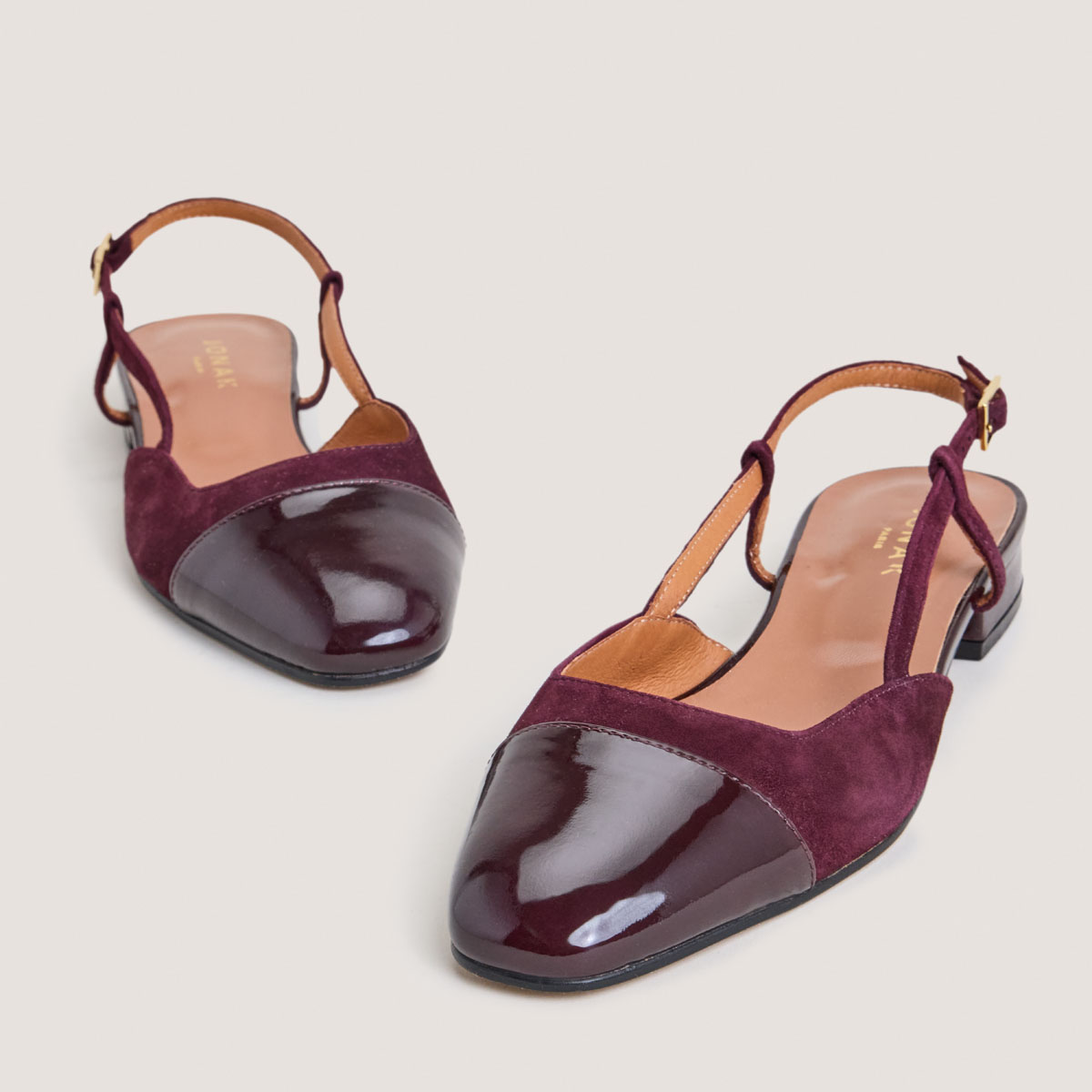 Slingback ballet flats in burgundy patent leather and velvet | DHAPOU