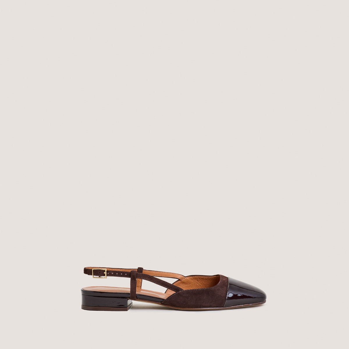 Slingback ballet flats in dark brown patent leather and brown velvet | DHAPOU