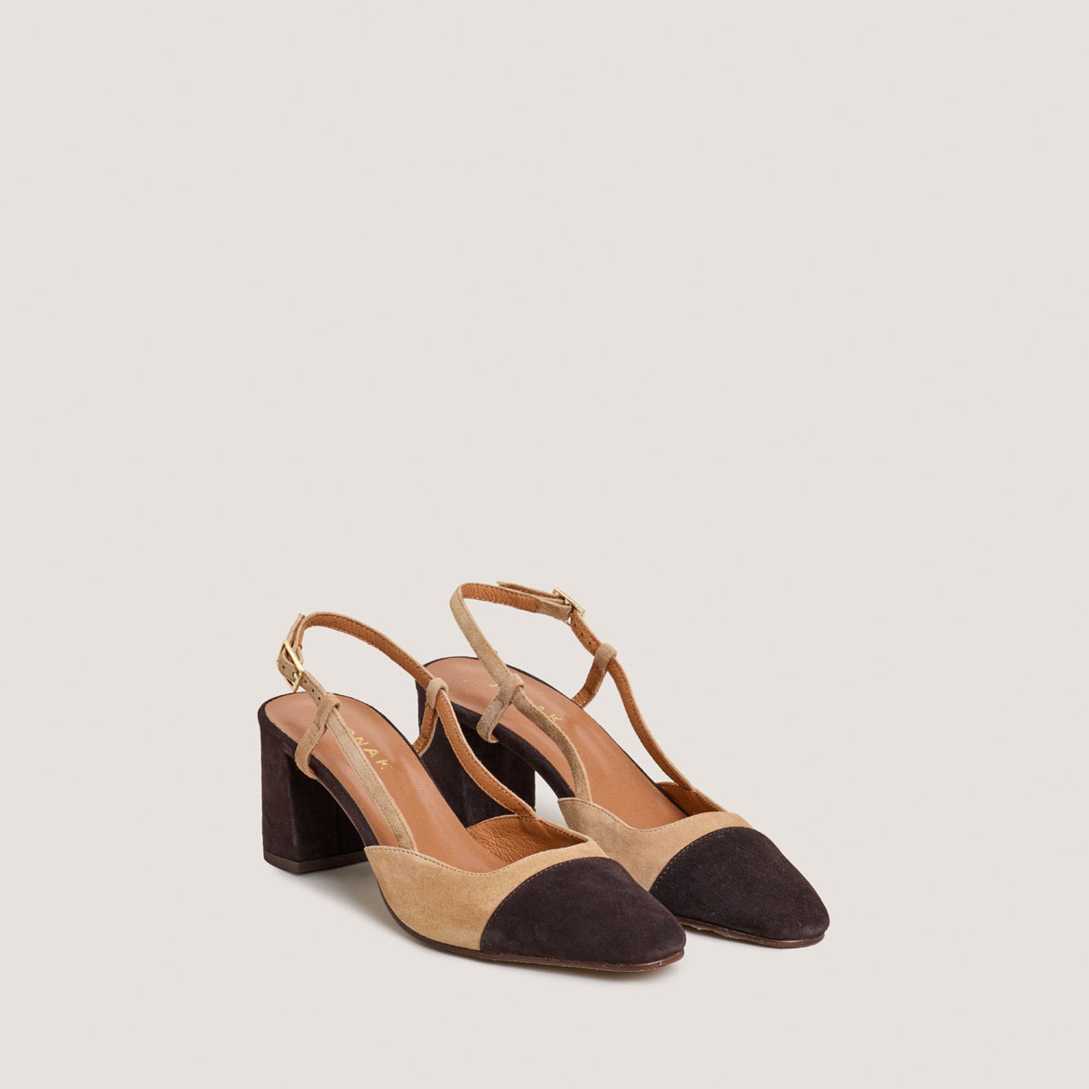 Heeled slingbacks in dark brown and camel velvet | DHAPOP