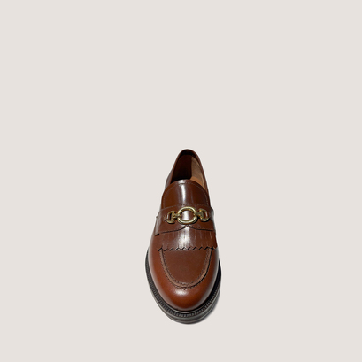 Loafers with gold buckle in cognac patinated leather | delphes