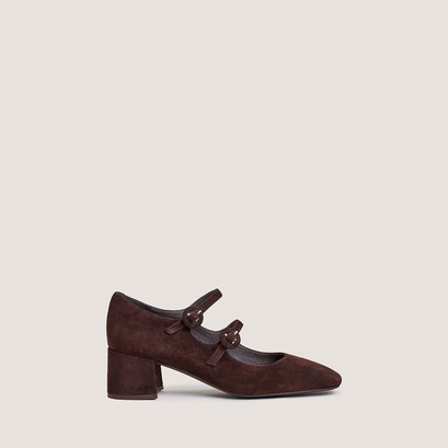Mary jane's with double straps and rounded toe in brown velvet | delou
