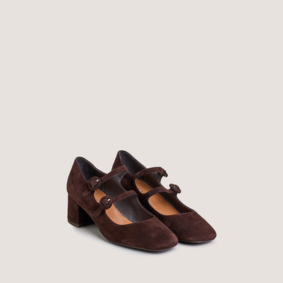 Mary jane's with double straps and rounded toe in brown velvet | delou