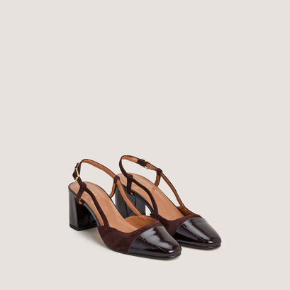 Heeled slingbacks in dark brown patent leather and brown suede | dhapop