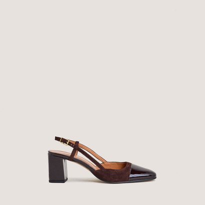 Heeled slingbacks in dark brown patent leather and brown suede | dhapop
