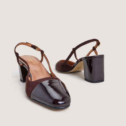 Heeled slingbacks in dark brown patent leather and brown suede | dhapop