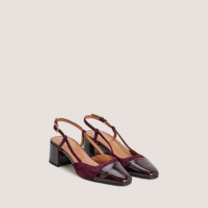 Low-heel slingbacks in burgundy patent leather and velvet | dhapopy