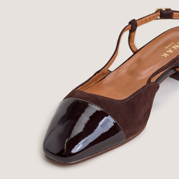 Slingback ballet flats in dark brown patent leather and brown velvet | DHAPOU