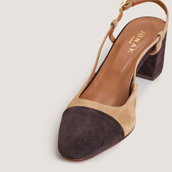 Heeled slingbacks in dark brown and camel velvet | DHAPOP