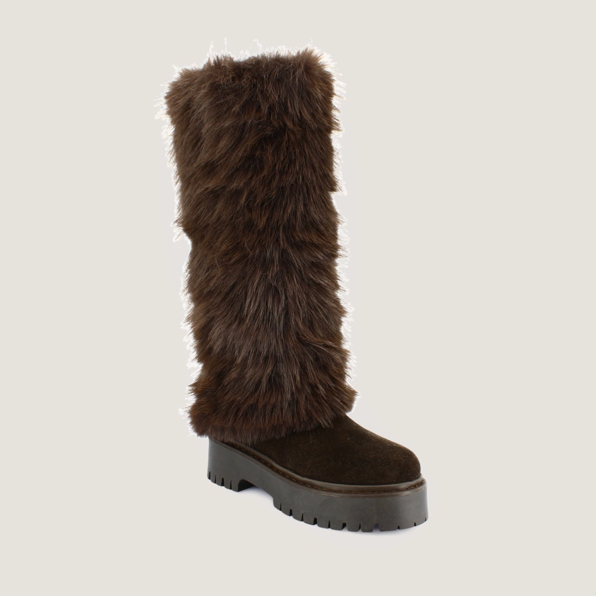 Fur Boots in split leather and dark brown fleece | RUSSEL