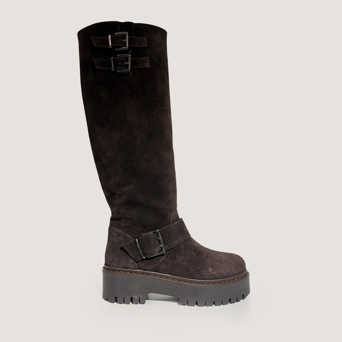 Chunky Strap Boots with Treaded Soles in dark brown split leather | REINE