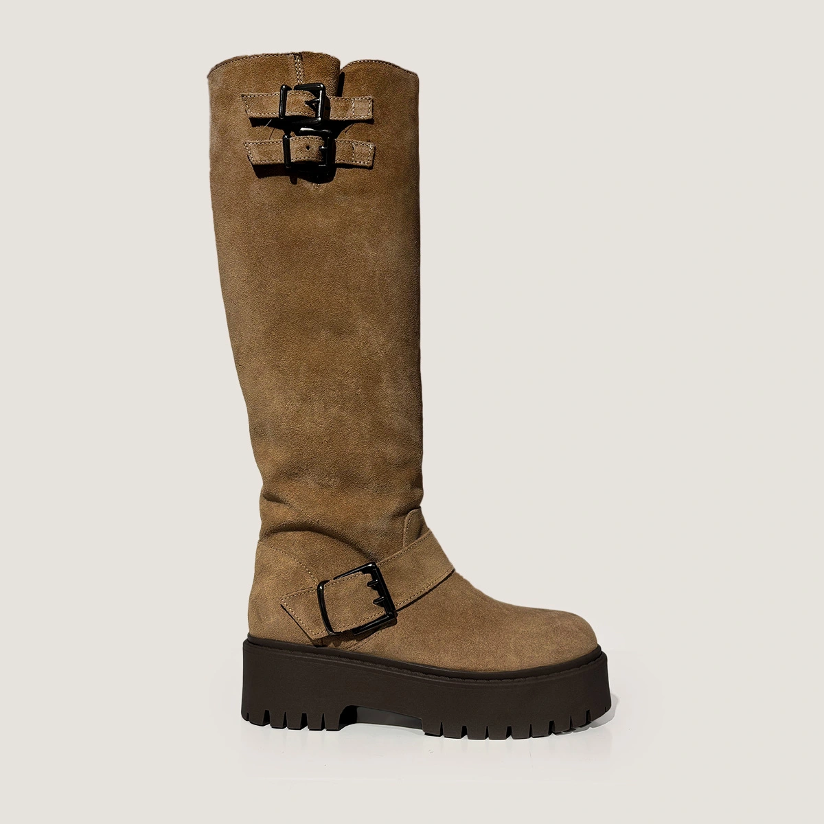 Chunky Strap Boots with Treaded Soles in taupe split leather | REINE