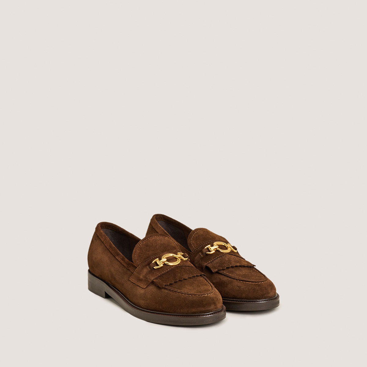 Loafers with Golden Buckles in brown split leather | DELPHES