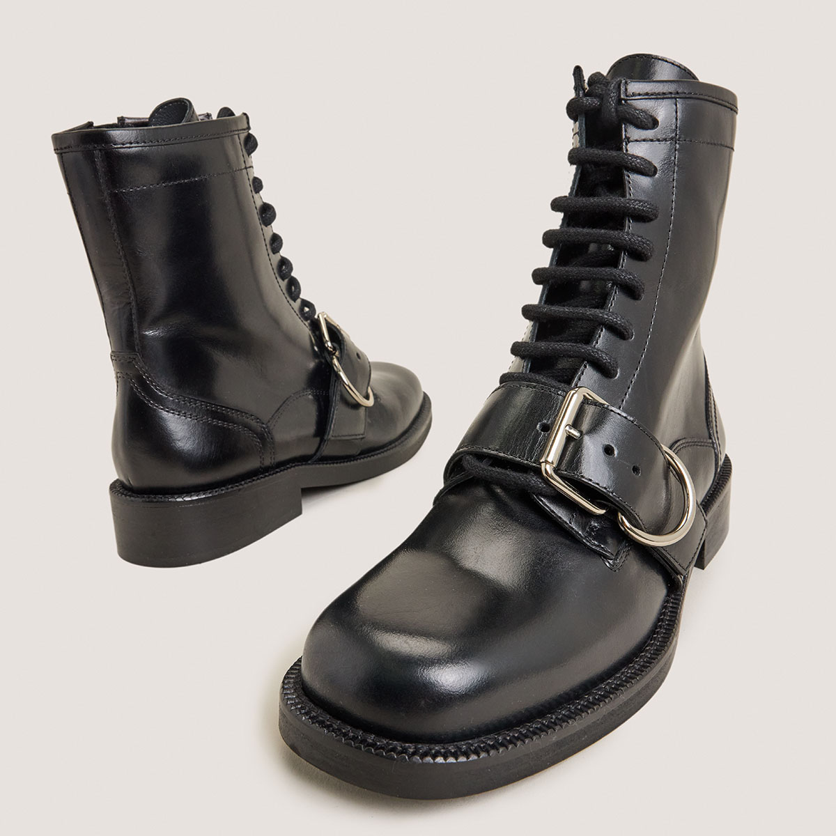 Lace-up boots with buckles in black leather | DISABELLE